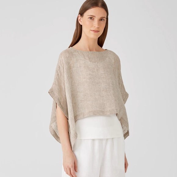 EILEEN FISHER XS Organic Linen Round Neck Short Sleeve Cropped Boxy Poncho Beige - Picture 1 of 10